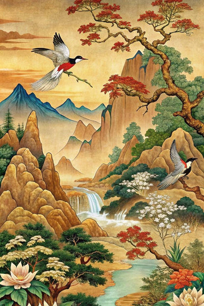 Chinese Style Mountain Waterfall with Birds Paint by Numbers Kit