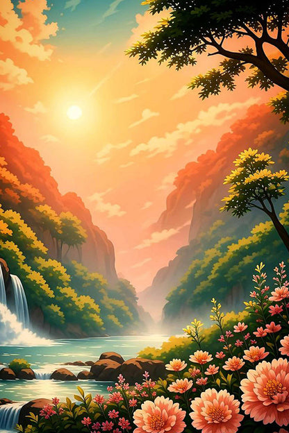 Golden Waterfall Valley Sunset Paint by Numbers Kit
