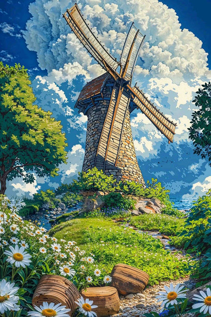 Windmill on a Hillside Paint by Numbers Kit