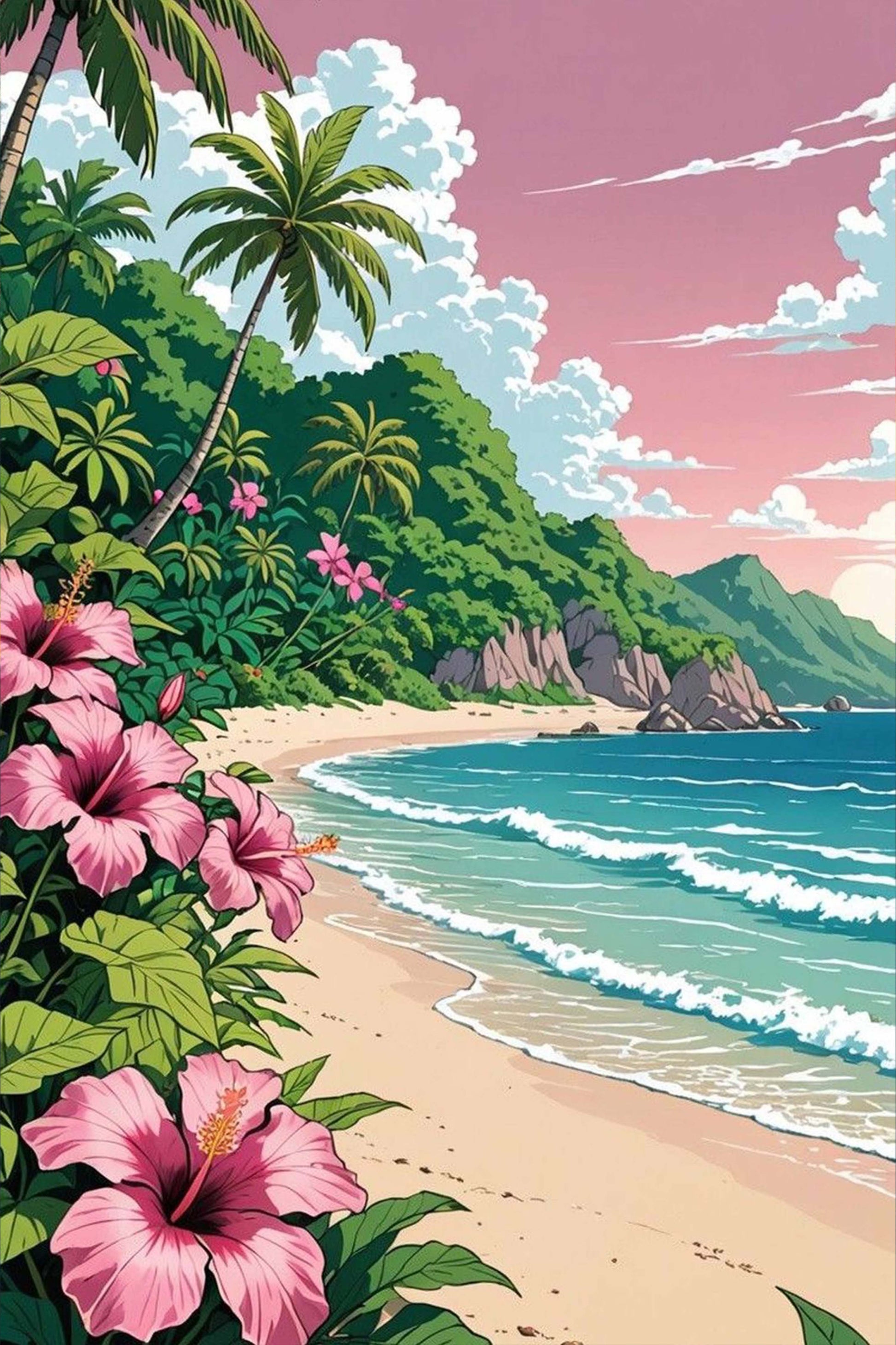 Tropical beach scene with palm trees, pink flowers, and blue ocean.
