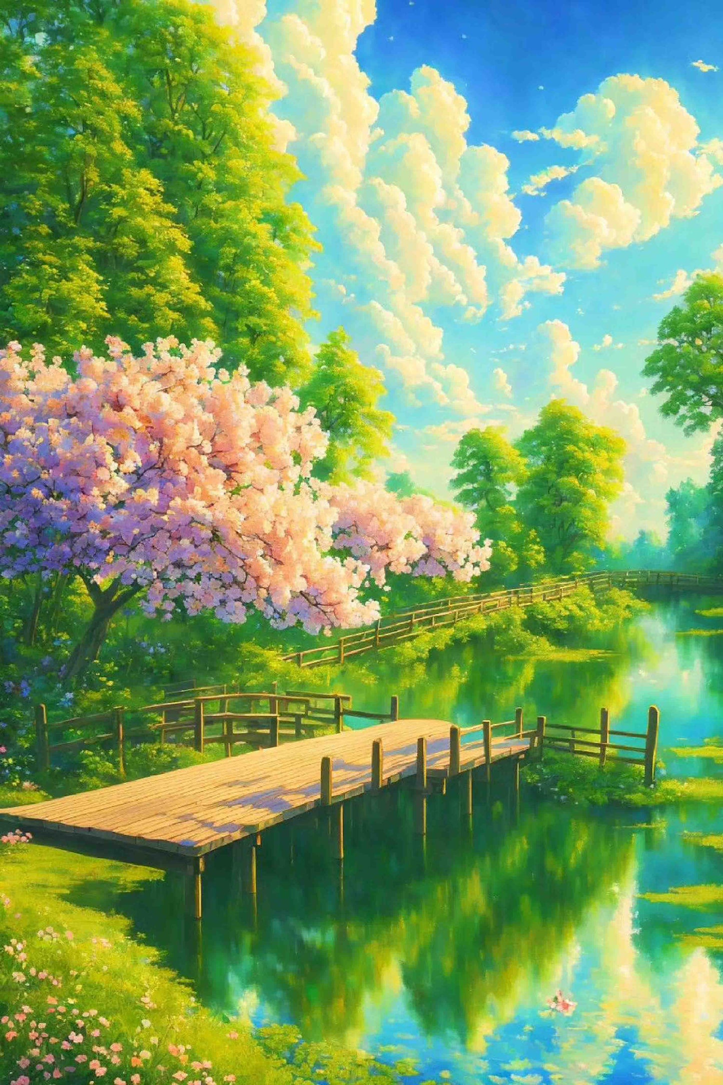 Wooden Bridge on a Lake with Cherry Blossoms Paint by Numbers Kit