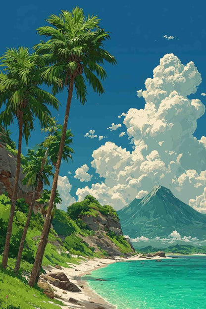 Tropical Beach with Mountain Paint by Numbers Kit