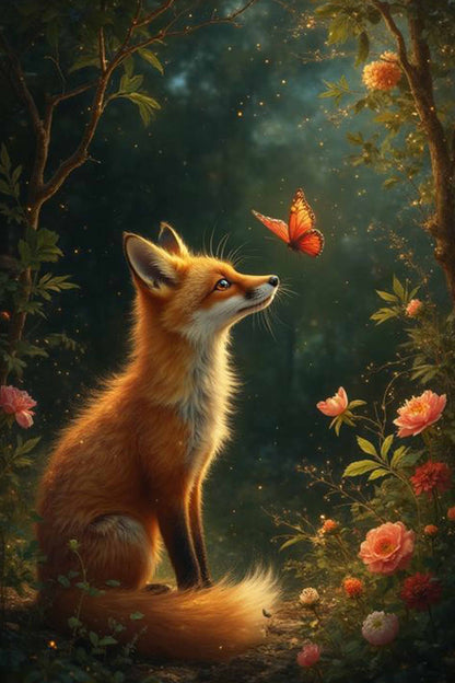 Fox and Butterfly in Forest Diamond Painting Kit