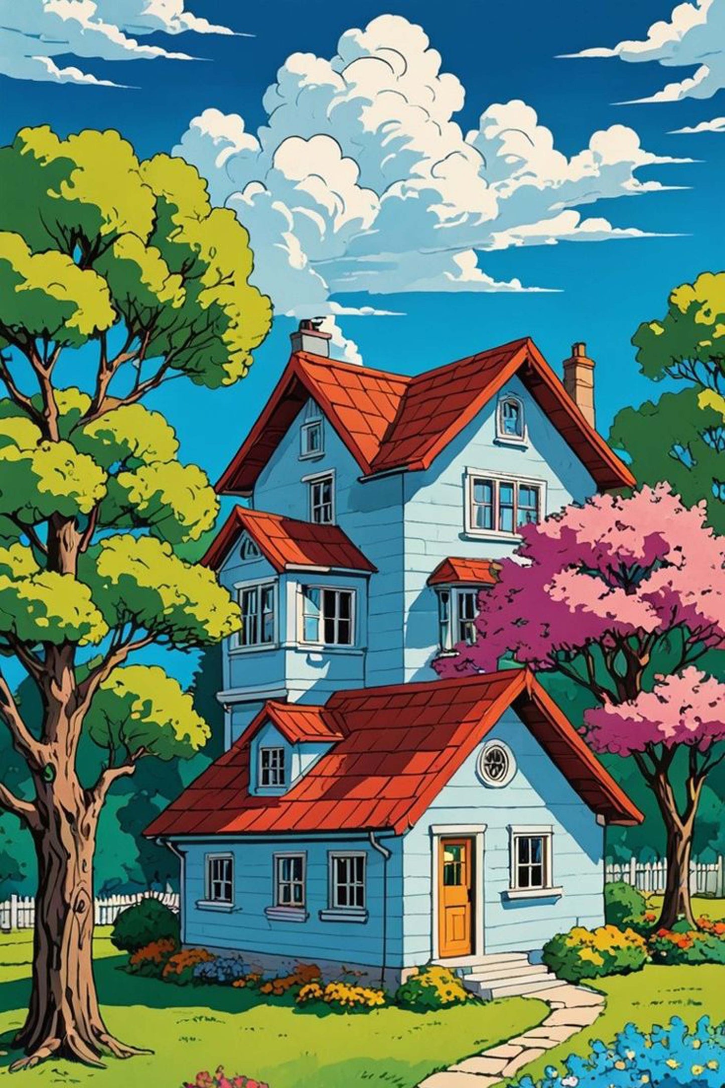 Blue House with Pink Tree Paint by Numbers Kit