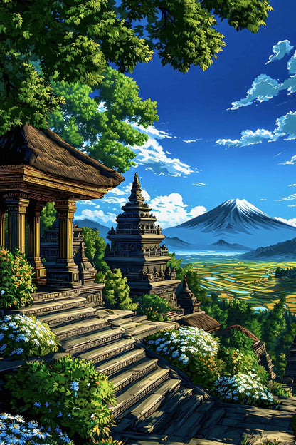 Bali Temple with Mountain and Rice Terraces Paint by Numbers Kit