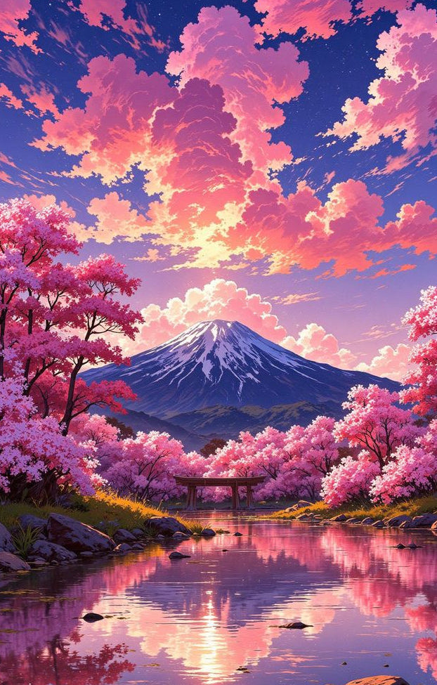 Scenic landscape with cherry blossom trees, Mount Fuji, and a bridge over a reflective lake.