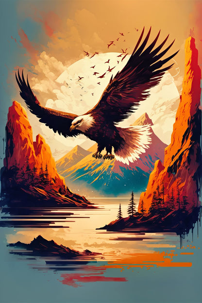 Soaring Eagle Over Mountain Lake Poster Wall Art