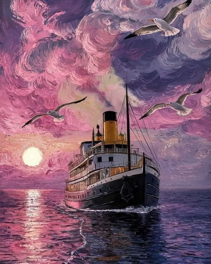 Painting of a steamboat on water with a pink and purple sky.